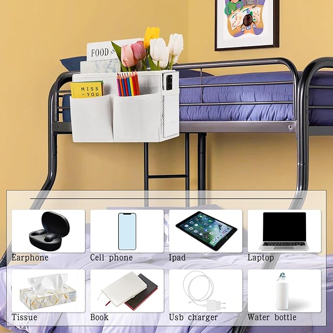 Retyion Bedside Hanging Storage Basket Headboards Bunk Beds Dorm Rooms Organizer Caddy for Storage (2Pack White)