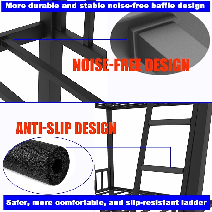 Upgraded Version Thicken Metal Heavy-Duty Full Over Queen Bunk Bed, Best Modern Style Stronger Full XL Over Queen Size Bunk Bed with Ladder for Adults, Easy Assembly (Queen-1 Ladder)