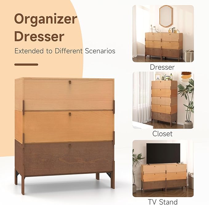 Stackable 3 Drawers Dresser, Customizable Chest of Drawers for Bedroom, Living Room, Hallway, Entryway, Mid-Century Style Furnitures Cabinet, 30 inch Width Tri-Color Comb (1 pcs)