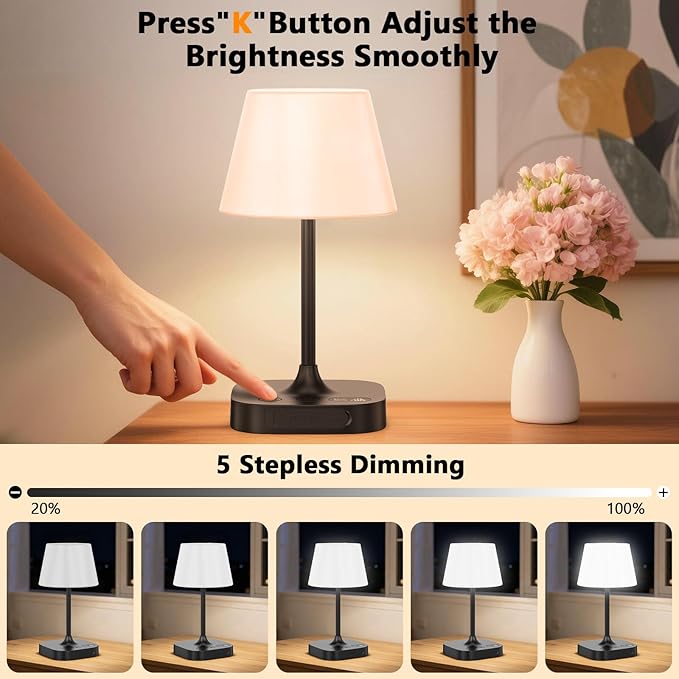 Outdoor Table Lamp - 8000mAh Cordless Rechargeable Battery,Dimmable LED Display Touch Lamp for Camping Patio and Bedroom (Black)