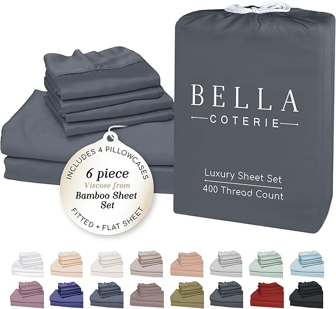 Bella Coterie 6 Piece Luxury Bamboo Viscose California King Size Sheet Set | 100% Organically Grown | Cooling for Hot Sleepers | 18" Deep Pocket | Soft & Hypoallergenic | 4 Pillowcases [Charcoal Grey]