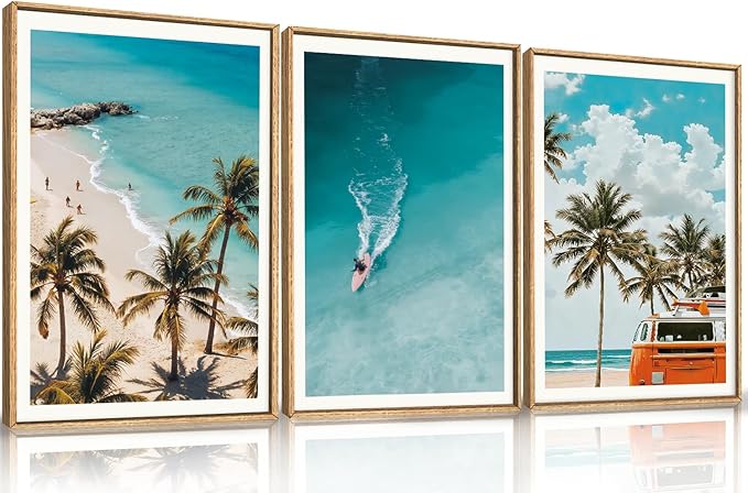 LHIUEM Large Nature Surfboard Beach Framed Canvas Wall Art,Summer Ocean Surfing Wall Decor,Palm Trees Wall Painting,Modern Picture Artwork for Living Room,Bedroom,Dining Room,Office -24"x36"x3