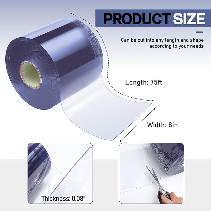 Moukeren Plastic Door Curtain for Winter 75 ft x 8 Inch Thermal Insulated Garage Door Strip Curtains Smooth Waterproof Clear PVC Strip Curtain for Warehouse Freezer Garage, 0.08" Thickness(Classic)