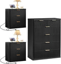 LEYAOYAO 42" Tall Fluted Dresser and 3 Drawers 23" Nightstand Set of 2, Wooden Dresser & Night Stand with Charging Station, 3 Piece Bedroom Furniture Set, Wood Chest of Drawer for Living Room,Black
