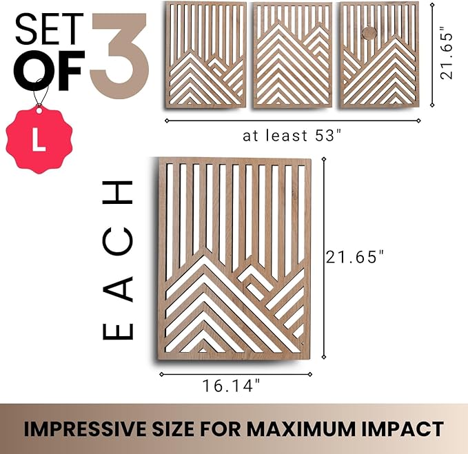 qmmp Modern Wooden Wall Sculptures - Set of 3 - Home Decor Accent - Large Wall Art for Living Room, Bedroom, Office - Easy Installation (Oak, Large - Mountain and Sun)