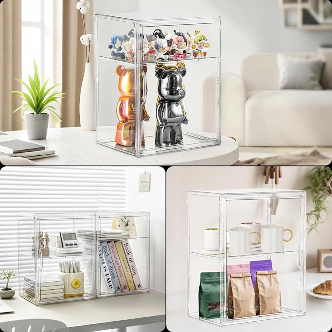 Attelite Large Clear Acrylic Display Case Shoe Storage Boxes With An Adjustable Divider,2 Pack 2 Tiers Clear Plastic Stackable Storage Bins With Lids Display Acrylic Box With Magnetic Door
