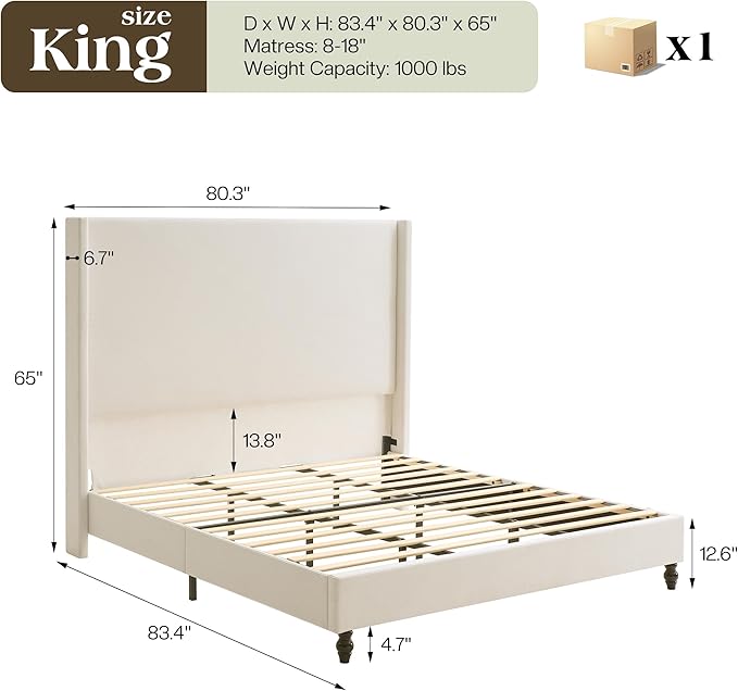 King Bed Frame with 65" Tall Headboard, Horizontal Fine Corduroy Bed Frame with Wingback, Upholstered Platform Bed, Vintage Solid Wood Gourd Legs, No Box Spring Needed, Cream