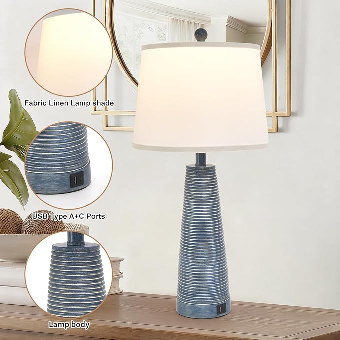 Terpsichore Nightstand Lamp Bedside Lamps Vintage Rustic Farmhouse Table Lamp 3 Way Dimmable Horizontal Stripe Light,for Living Room Bedroom,USB A+C (Navy Blue (Single-Pack), High 27 Inch)