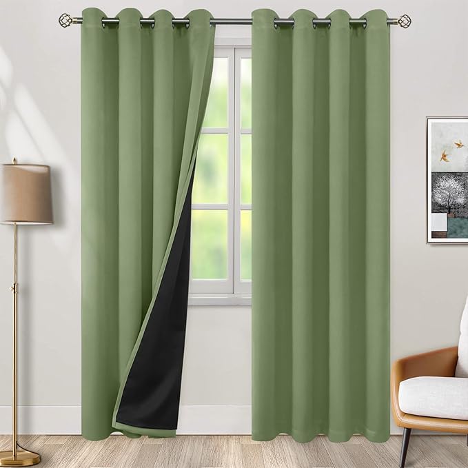 BGment Thermal Insulated 100% Blackout Curtains for Bedroom with Black Liner, Double Layer Full Room Darkening Noise Reducing Grommet Curtain (52 x 90 Inch, Grass Green, 2 Panels)