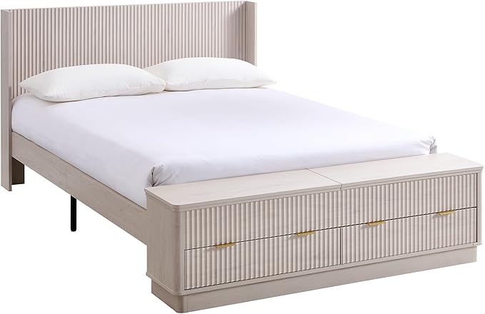 T4TREAM Fluted Queen Size Bed Frame with Wingback Headboard, Footboard Storage Bench with Built-in Drawers & Lift-Up Compartments, Wood & Steel Platform Bed, No Box Spring Needed, White Alder