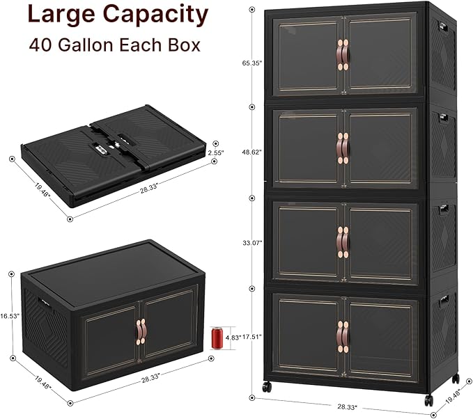 640Qt Stackable Storage Bins with Lids, 4 Pack Large Collapsible Bins with Wheels, Plastic Cabinet with Doors, Foldable Closet Organizers and Storage for Home, Dorm, Office, Black