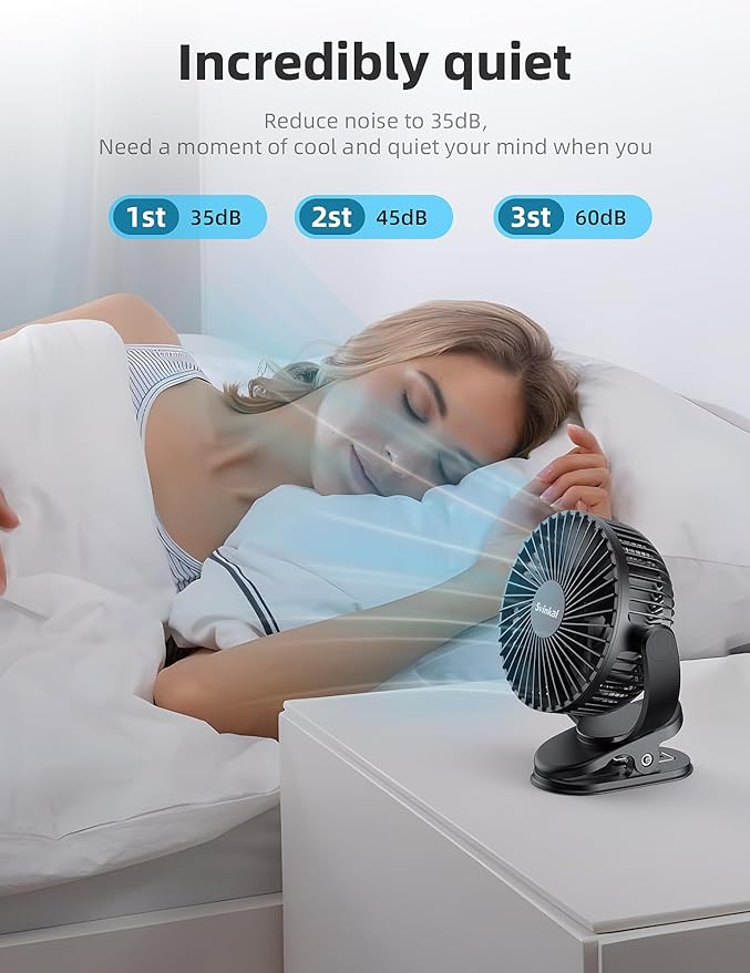 Svinkal USB Portable Clip on Fan, 2400mAh Battery Type-C 6in, 3 Speed 720° Tilting Head, Black Personal Rechargeable Fan for Desk, Bedside, Golf Cart, Baby Stroller, Indoor & Outdoor Use