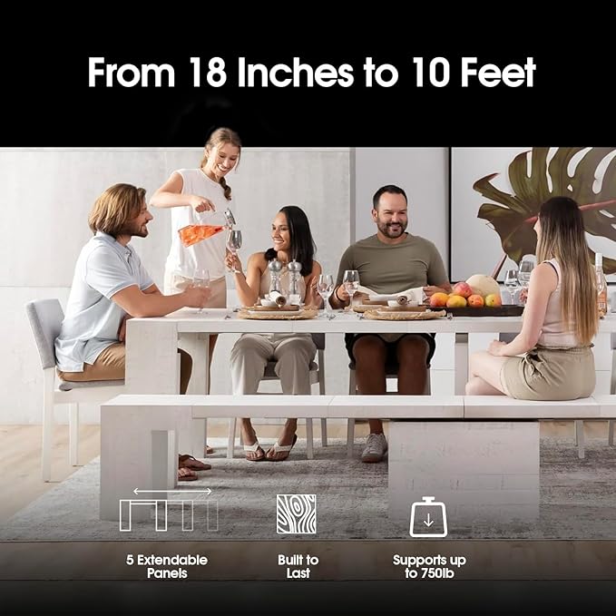 Transformer Table - Solid Wood Extendable Dining Table, Seats 2-12, Extendable Dining Room Table, Space-Saving Furniture, Expandable Dining Furniture (White, Table Only)
