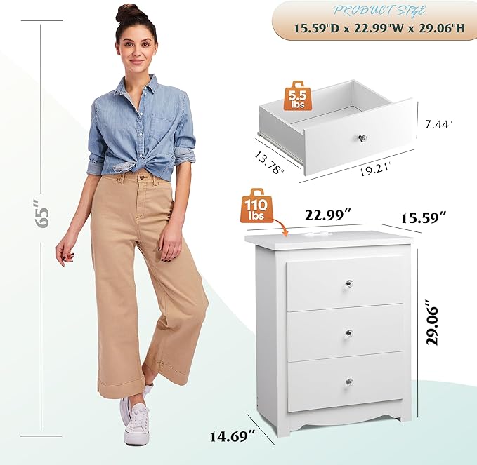 WLIVE White Nightstand with Charging Station, Wood Night Stand with 3 Drawers Storage, Tall Bedside Table End Side Tables with 2 USB Ports and Outlets for Bedroom, Closet, White