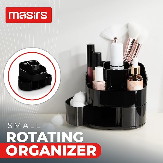 Masirs Small Rotating Makeup Organizer - Mini Yet Spacious Cosmetic Storage Solution with Multiple Compartments - The Perfect Spinning Make-Up Caddy for Vanity or Bathroom Counter (Square - Black)