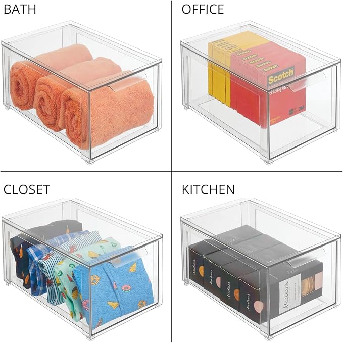 mDesign Plastic Stackable Closet Storage Organizer Bins with Pull Out Drawer for Cabinet, Desk, Shelf, Cupboard, or Dresser Organization - Lumiere Collection - 4 Pack - Clear