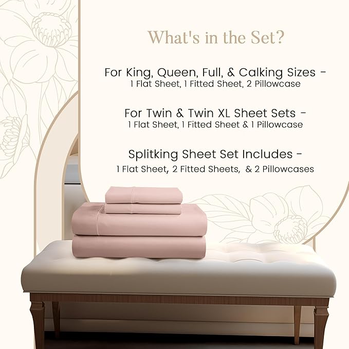King Sheets Deep Pocket, 100% Egyptian Cotton Sheets For King Size Bed Dusty Rose, 800TC Luxury Soft & Breathable Naturally Cool Fully Elasticated Cotton Sheet Set, No Pill Fade Resistant- Sepia Rose