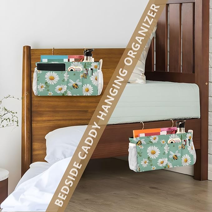 Bedside Caddy Hanging Bunk Bed Caddy Bed Organizer Hanging Pocket with 2 Hooks Bedside Storage Organizer Pocket Bag Holder Mint Green Daisy Flowers and Bees