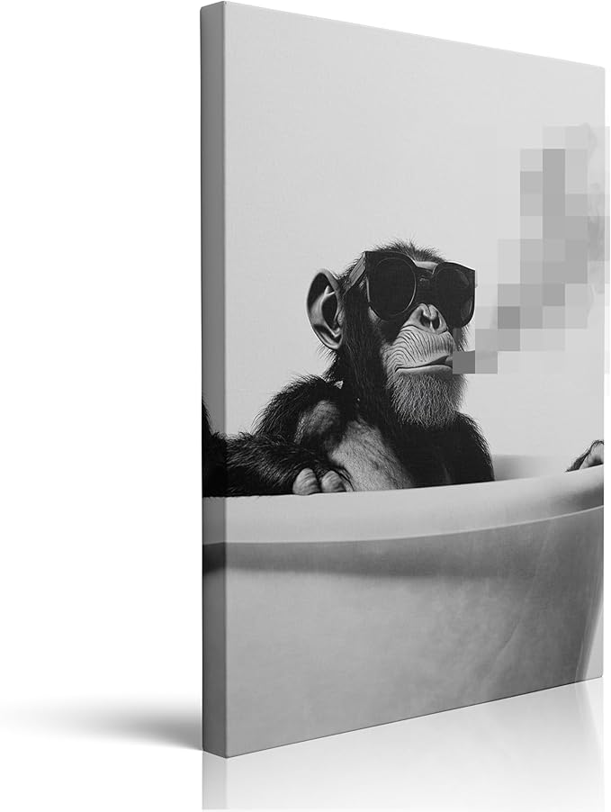 Pveror Black and White Monkey Wall Art Chimpanzee Canvas Print Modern Animal Photography Artwork Minimalist Home Decor Contemporary Wall Decor for Living Room Office Bedroom Single Panel 12x16 Inches