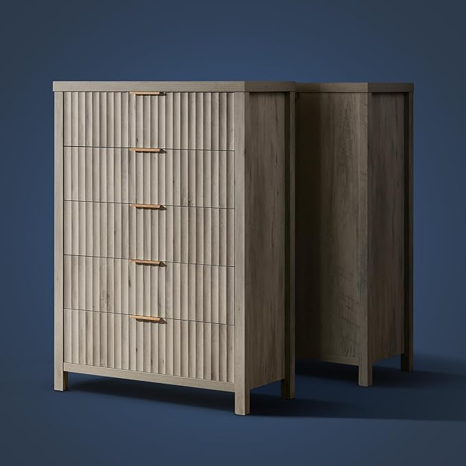 5 Drawers Dresser for Bedroom, 44 Inches Tall Modern Bedroom Dressers, Chest of Drawers for Bedroom, Fluted Dresser for Closet Organizer for Living Room, Hallway, Entryway (Grey Oak, 2 Pieces)