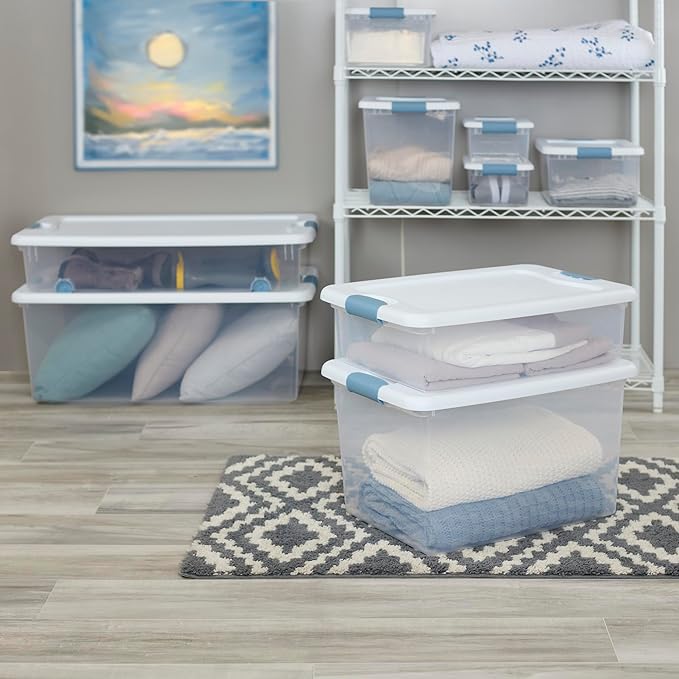 Sterilite 6-Pack Latching Box, Under Bed Storage Bins with Lids, Clear Plastic, 64 Quart - Heavy-Duty Organizing Containers for Closet, Bathroom, and Office