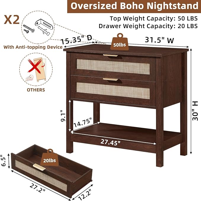 LEYAOYAO 31.5" Wide Rattan Night Stand, Large Boho Nightstand, Bedside Table with Storage, Tall Bed Side End Tables, Chest of Drawers for Bedroom, Living Room, Hallway（Walnut,2 Drawers,2）