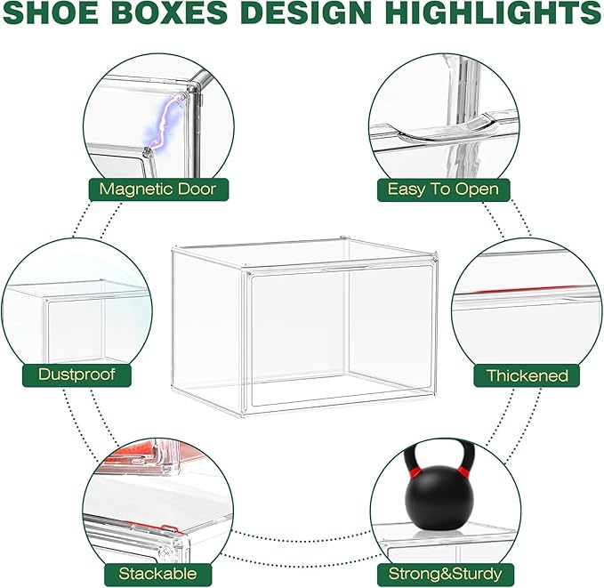 6 Pack X-Large Acrylic Display Case, Size 14 Clear Shoe Box Stackable Sneaker Display Case with Magnetic Lid Multipurpose Storage Bin for Closet for Purses, Handbags, Cosmetics, Collectibles