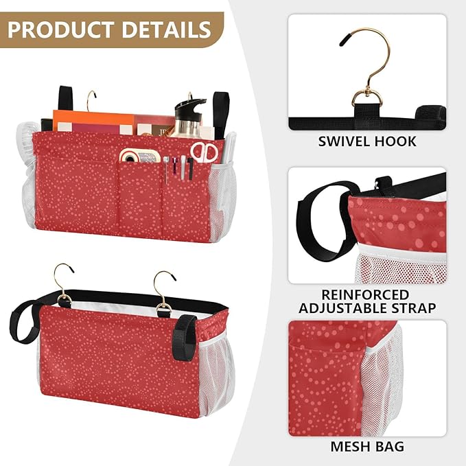 Bedside Caddy Hanging Bunk Bed Caddy Bed Organizer Hanging Pocket with 2 Hooks Bedside Storage Organizer Pocket Bag Holder Polka Dot Red