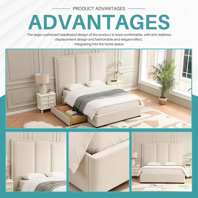 YUHUASHI Queen Size Bed Frame with 64-inch High Headboard, Simple and Airy Linen Upholstered Platform Bed with Storage Drawers, Wood Slat, No Noise (Beige, Queen)