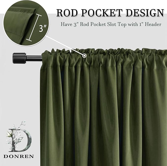 DONREN Loden/Dark Olive Green Blackout Curtains 52 Inch with by90 Inch Length for Bedroom - 2 Panels Patio Glass Door Curtain Panels,Livingroom Room Darkening Thermal Insulated Drapes