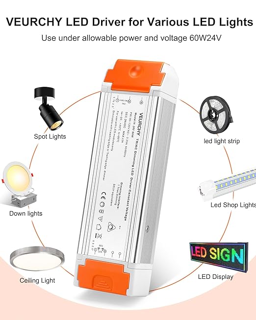 24V Dimmable LED Driver, 60 Watt Dimmable LED Power Supply AC 120V to DC 24V Compatible with Lutron & Leviton Dimmer Switches, 24 Volt Led Transformer 60W for Strip Lights Smooth Dimming