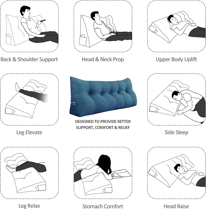 homecozy Wedge Headboard Pillow Dorm Room Reading Pillow Back Support for Sitting Up in Bed Bolster Lumbar Cushion Body Positioning Bedrest Cotton Linen 39in Blue Twin