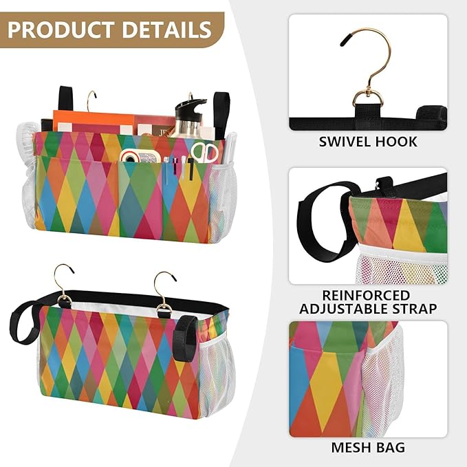 Bedside Caddy Hanging Bunk Bed Caddy Bed Organizer Hanging Pocket with 2 Hooks Bedside Storage Organizer Pocket Bag Holder Pink Green Argyle