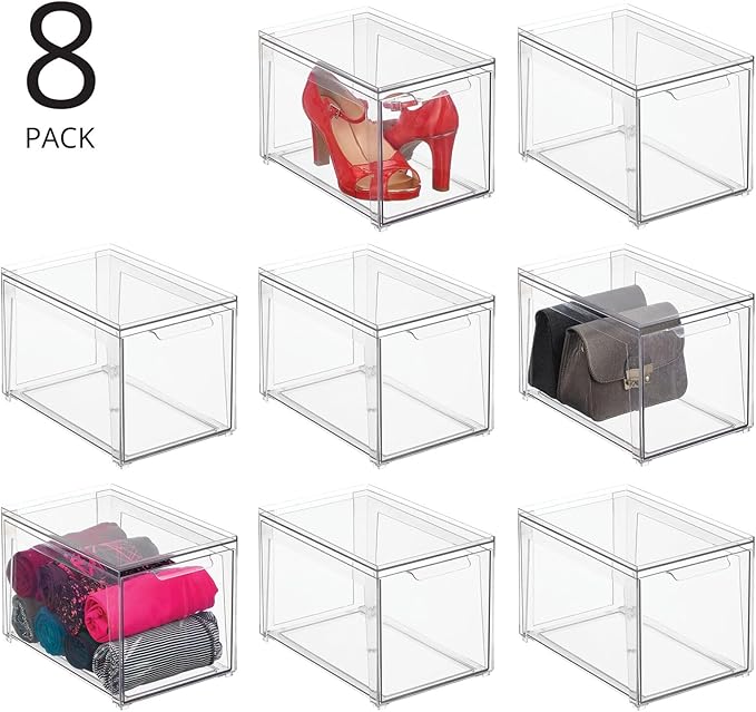 mDesign Plastic Stackable Closet Storage Organizer Bins with Pull Out Drawer for Cabinet, Desk, Shelf, Cupboard, or Dresser Organization - Lumiere Collection - 8 Pack - Clear