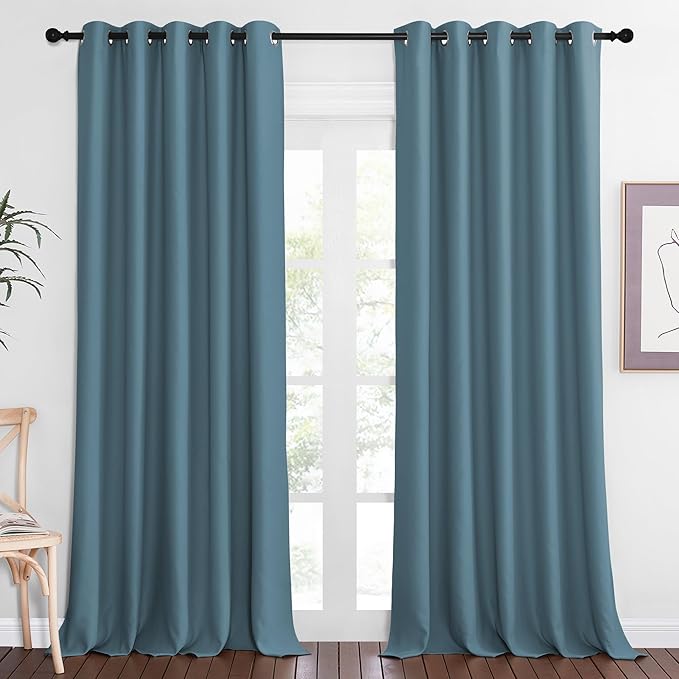 NICETOWN Blackout Curtain Drape for Bedroom - Light Reducing Thermal Insulated Solid Grommet Room Darkening Window Curtain 90 inches Long for Living Room (Smoky Blue, 1 Piece, W66 x L90)