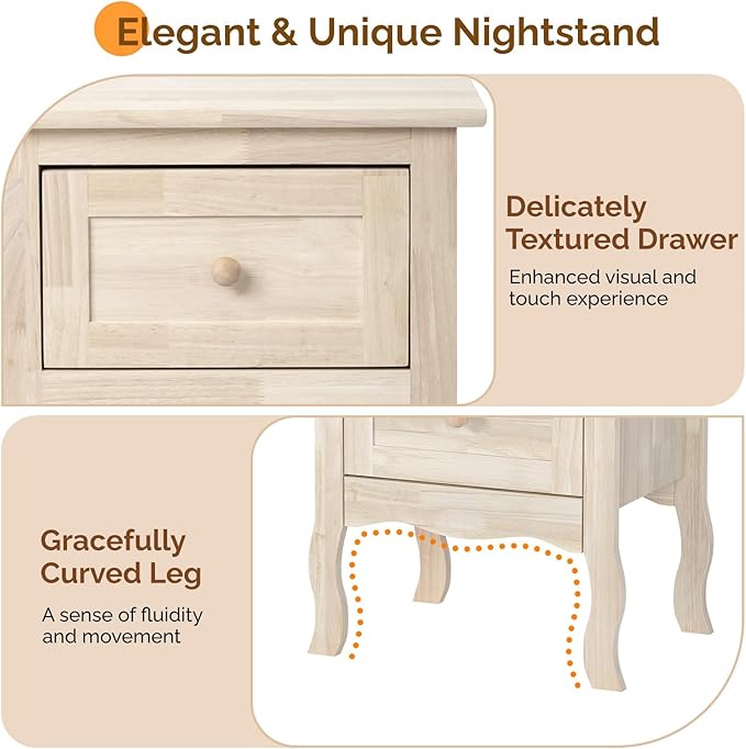 Bonnlo Nightstands Set of 2, Solid Wood Nightstand Unfinished for Color DIY, Small Night Stand for Bedroom, Natural Wood Nightstand with Drawers, Light Wood Nightstands, Real Wooden Bed Side Table