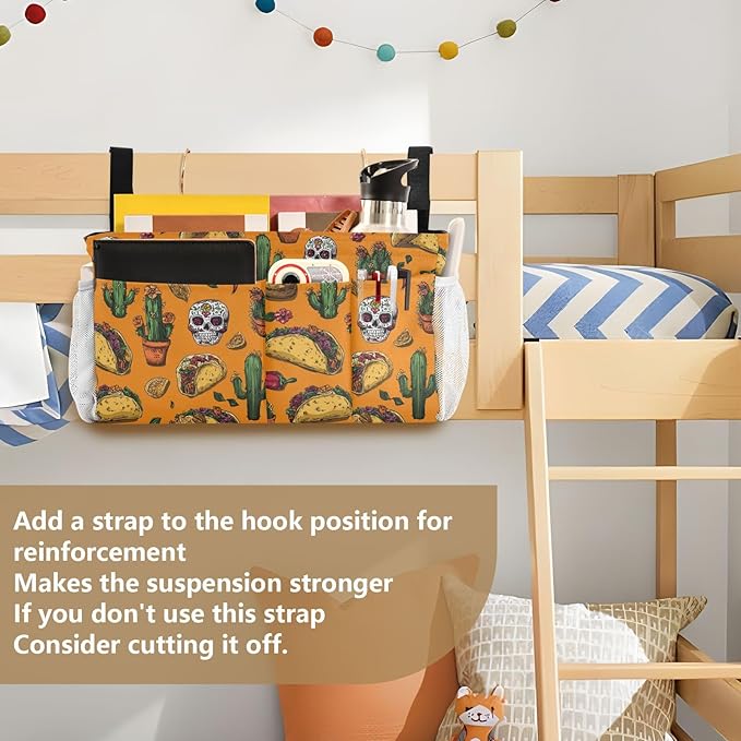 Bedside Caddy Hanging Bunk Bed Caddy Bed Organizer Hanging Pocket with 2 Hooks Bedside Storage Organizer Pocket Bag Holder Orange Mexico Tacos Chilis Skulls
