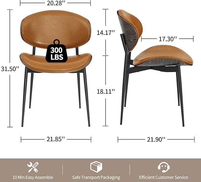 Art Leon Dining Chairs, Set of 2, Grey Oak Bentwood, Mid Century Modern Chair, Orange Faux Leather Kitchen Dining Room Chairs, Accent Chairs for Bedroom