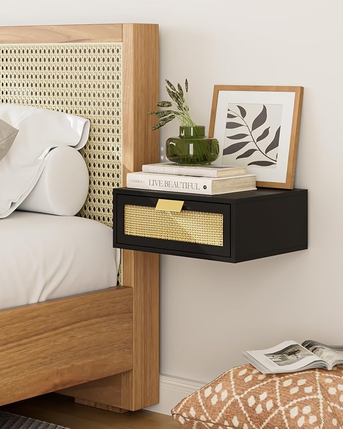 Floating Nightstand, Floating Shelf with Drawer, Wall Mounted Nightstand, Floating Bedside Table (Black Rattan)