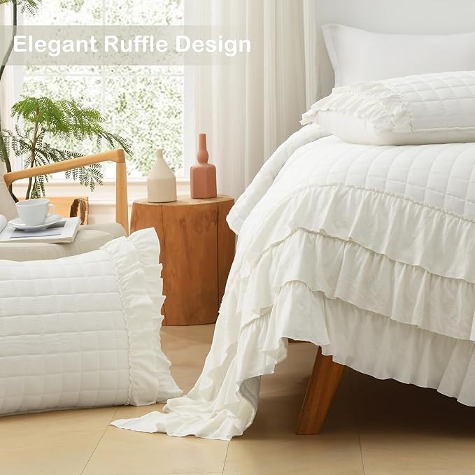 HORIMOTE HOME Ivory Ruffled Quilt Set Queen Size, Classic Geometric Square Stitched Pattern, Pre-Washed Farmhouse Shabby Chic Microfiber Lightweight Bedding Set Bedspread Coverlet for All Season