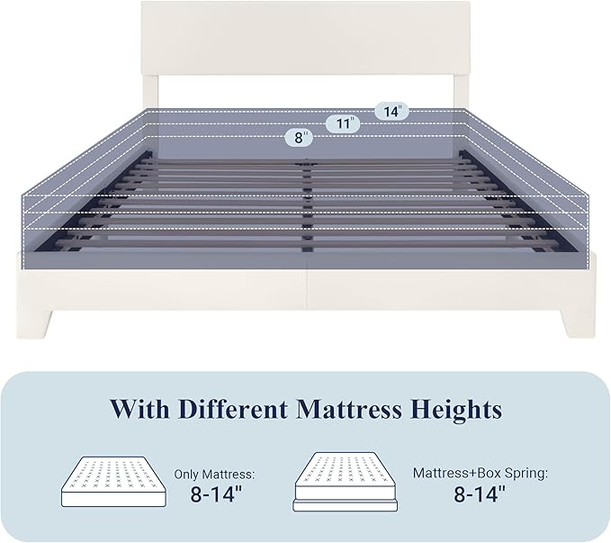 Allewie Full Size Bed Frame with Adjustable Headboard, Faux Leather Platform Bed with Wood Slats, Heavy Duty Mattress Foundation, No Box Spring Needed, Noise-Free, Easy Assembly, White