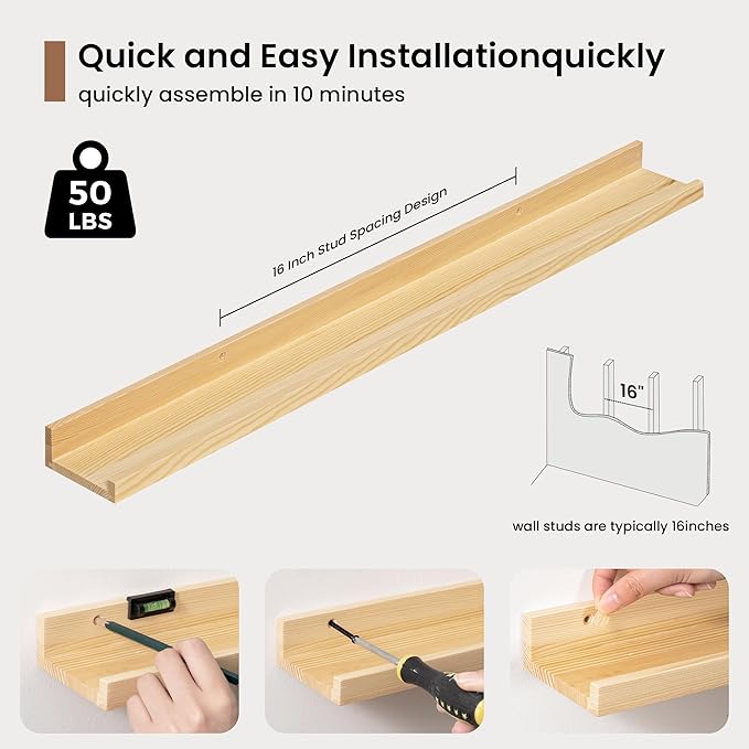 Picture Ledge Shelf, Floating Shelves Set of 2, 32 Inches Solid Wood Nursery Book Shelves for Toys Storage, Kids Bookshelf Wall Mounted for Living Room Decor Books Photo Frames, Unfinished Natural