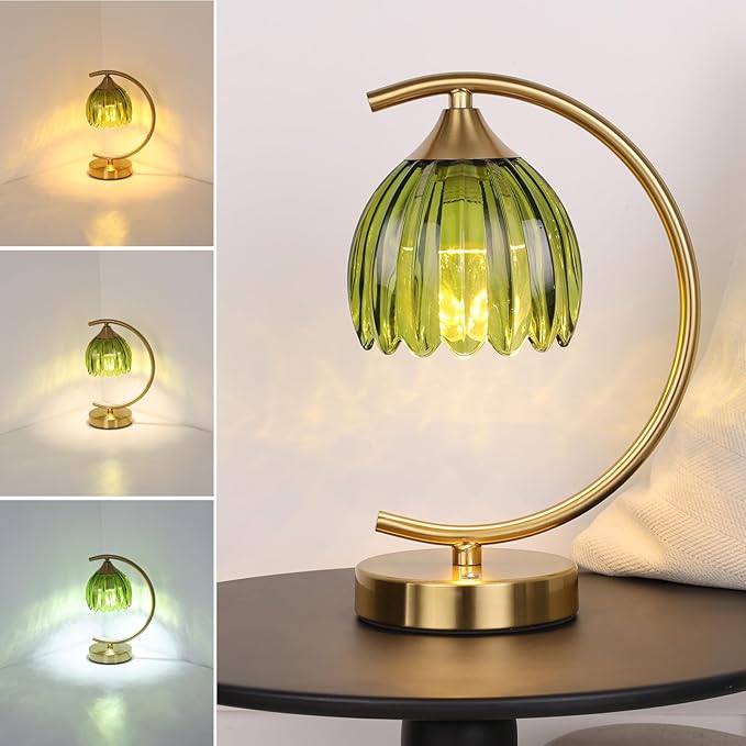 Tulip Table Lamp with 5200mAh Battery & Touch Control, Cordless Lamp with 3 Color Temperatures Clear Bulb, Rechargeable Small Table Lamps for Living Room, Bedside, Nightstand (Green Tulip)