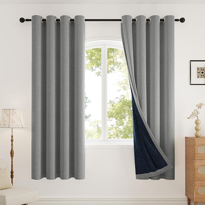 100% Blackout Curtains 72 inch Length 2 Panels Set for Dining Room Master Room, Thick Soft Linen-Look Textured Full Light Blocking Room Darkening Thermal Insulated Drapes (W52xL72, Grey)