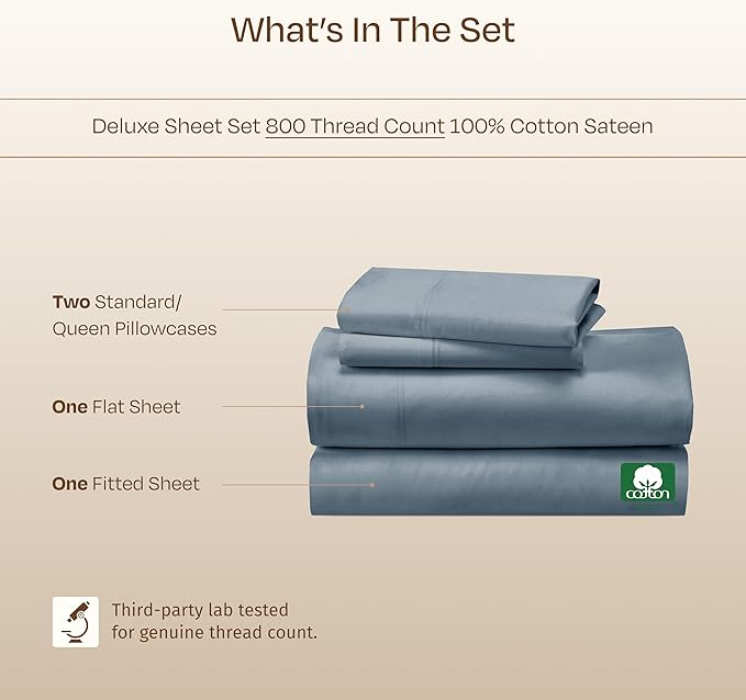 California Design Den Luxury 100% Cotton Sateen - Buttery Soft 800 Thread Count Queen Bed Sheet Set, Durable Deep Pocket Sheet Set - Blue