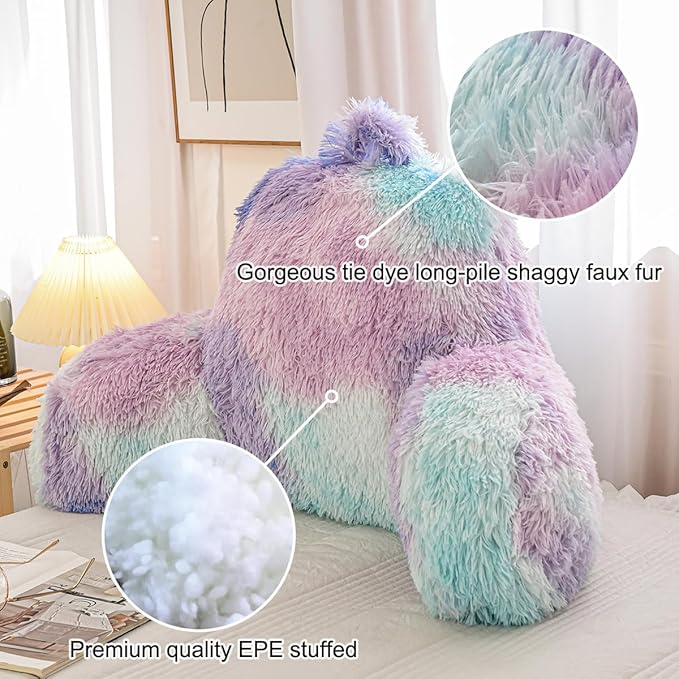 Holawakaka Large Shags Bed Rest Pillow with Arms,Tie Dye Reading Pillows Perfect for Adults Teens Men Women,Arm,Back,Pregnancy Lumbar & Head Neck Coccyx Lower Back Support Cushion (Blue Purple)