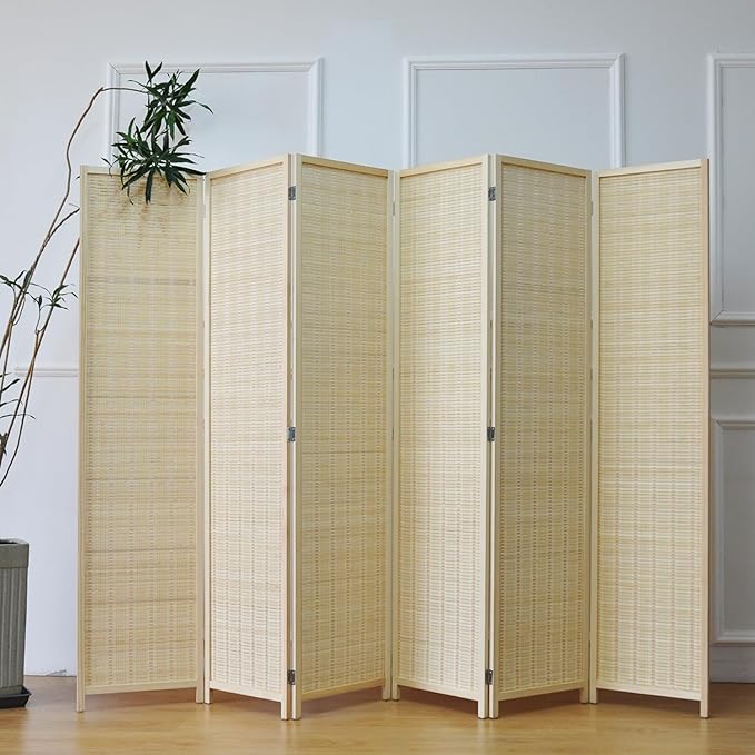 Furnnylane 6 Panel Bamboo Room Divider and Folding Panel Screen,Bamboo Panel Divider for Room Separation,Beige,67" H x 92.1" W