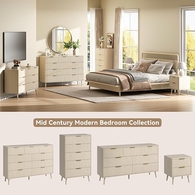 CARPETNAL Fluted 9 Drawer Dresser for Bedroom, 55" Wide Wooden Chest of Drawers with Rounded Corners, Gold Handles, Modern Storage Organizer for Bedroom, Hallway (Beige)