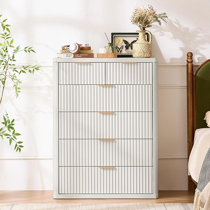LEYAOYAO 42" Tall Fluted Dresser and 3 Drawers 23" Nightstand Set of 2,Wooden Dresser & Night Stand with Charging Station,3 Piece Bedroom Furniture Set,Chest of Drawer for Living Room,Antique White