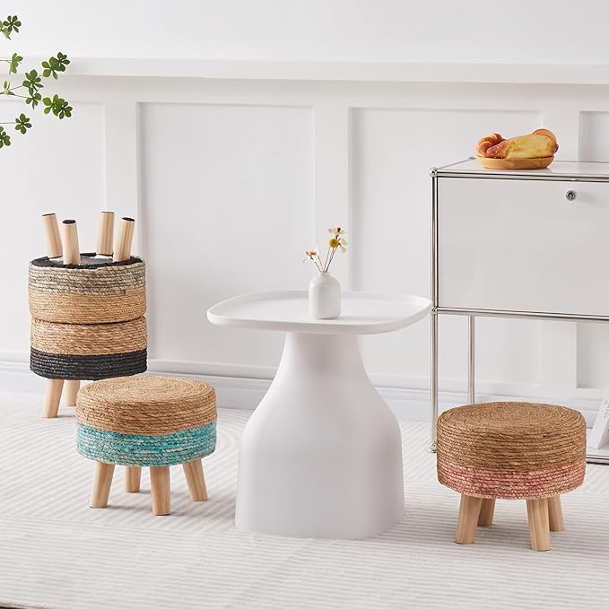 Wimarsbon Round Foot Stool Natural Seagrass Poufs Ottoman Hand Weave Footrest Stool for Couch Desk Extra Seat Step Stool with Solid Wood Legs for Hallway Patio Lounge Brown